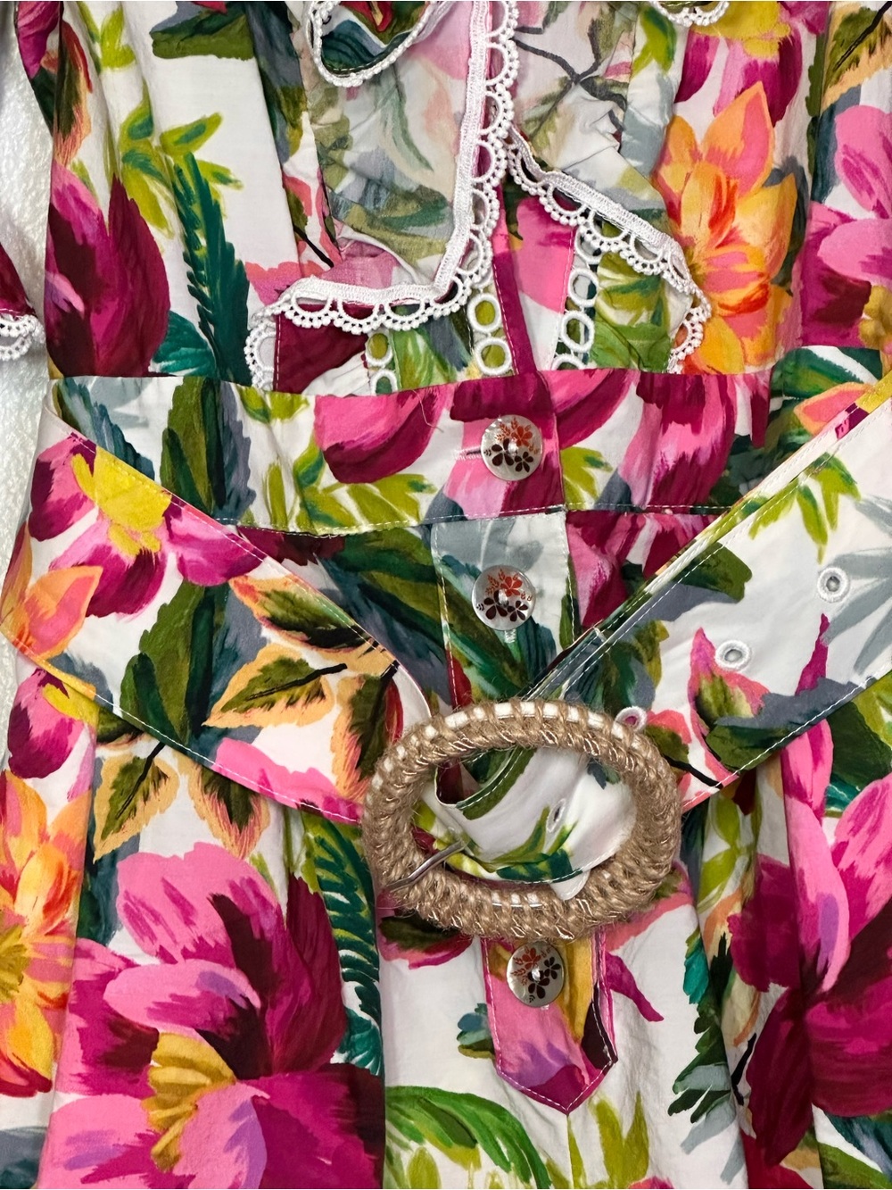 FARM Rio White Floral Ruffle Lace-Trim Mini Dress with Pink & Green - Picture 3 of 4